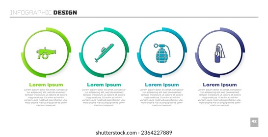Set Cannon, Submarine, Hand grenade and Cocktail molotov. Business infographic template. Vector