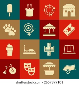 Conjunto de cañón, columpio, boleto, deporte objetivo para la competencia de tiro, tablero de dardos clásico y flecha, impresión de pata, helado e icono de carrusel de atracción. Vector