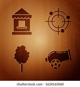 Set Cannon, Ticket box office, Cotton candy and Target sport for shooting competition on wooden background. Vector
