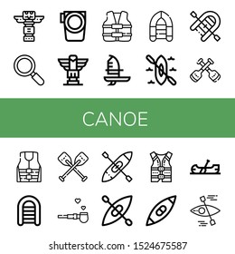 Set of canoe icons. Such as Totem, Active, Paddle, Life vest, Windsurf, Inflatable boat, Kayak, Paddles, Life jacket, Oars, Pipe of peace, Canoe , canoe icons
