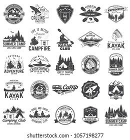 Set of canoe, kayak and camping club badge. Vector illustration. Concept for shirt, print, stamp or tee. Vintage typography design with mountain camp and kayaker silhouette. Extreme adventure.