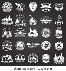 Set of canoe, kayak and camping club badge on the chalkboard. Vector illustration. Concept for shirt, print, stamp or tee. Vintage typography design with mountain camp and kayaker silhouette.