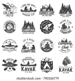 Set of canoe, kayak and camping club badge. Vector illustration. Concept for shirt, print, stamp or tee. Vintage typography design with mountain camp and kayaker silhouette. Extreme adventure.