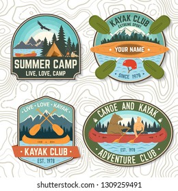 Set of canoe and kayak club badges Vector. Concept for patch, shirt, print, stamp or tee. Vintage design with mountain, river, american indian and kayaker silhouette. Extreme water sport kayak patches