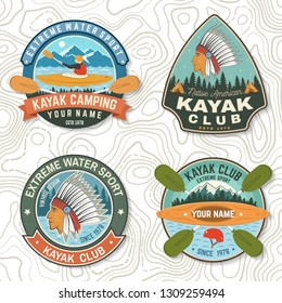 Set of canoe and kayak club badges Vector. Concept for patch, shirt, print, stamp or tee. Vintage design with mountain, river, american indian and kayaker silhouette. Extreme water sport kayak patches