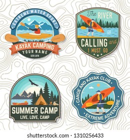 Set of canoe and kayak club badges Vector. Concept for patch, shirt, print, stamp or tee. Vintage design with mountain, river, american indian and kayaker silhouette. Extreme water sport kayak patches