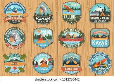 Set of canoe and kayak club badges Vector. Concept for patch, shirt, print, stamp or tee. Vintage design with mountain, river, american indian and kayaker silhouette. Extreme water sport kayak patches