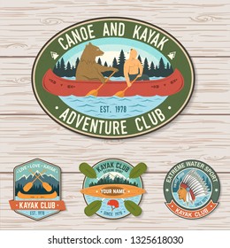 Set of canoe and kayak club badges Vector. Concept for patch, shirt, print, stamp or tee. Vintage design with mountain, river, american indian and kayaker silhouette. Extreme water sport kayak patches