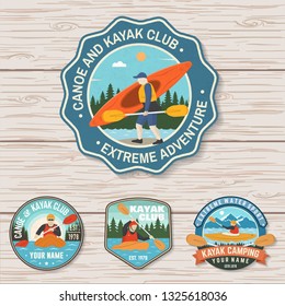Set of canoe and kayak club badges Vector. Concept for patch, shirt, print, stamp or tee. Vintage design with mountain, river, forest and kayaker silhouette. Extreme water sport kayak patches