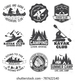 Set of canoe and kayak club badges. Vector. Concept for shirt, print, stamp or tee. Vintage typography design with mountain, river, american indian and kayaker silhouette. Extreme water sport.