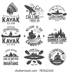 Set of canoe and kayak club badges. Vector. Concept for shirt, print, stamp or tee. Vintage typography design with mountain, river, american indian and kayaker silhouette. Extreme water sport.