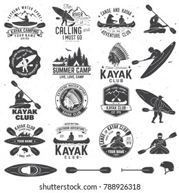 Set of canoe and kayak club badges and design element. Vector. Concept for shirt, print, stamp or tee. Vintage typography design with mountain, river, american indian and kayaker silhouette.