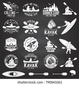 Set of canoe and kayak club badges and design element on the chalkboard. Vector. Concept for shirt, print, stamp or tee. Vintage design with mountain, river, american indian and kayaker silhouette.