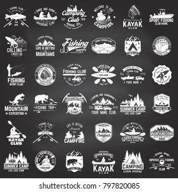 Set of canoe, kayak, fishing and camping club badge on the chalkboard. Vector. Concept for shirt, print, stamp or tee. Vintage design with fisher, mountain camp, kayaker silhouette. Extreme adventure