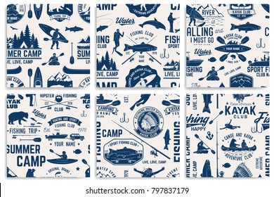 Set of Canoe, Kayak and fishing Club seamless pattern. Vector. Concept for shirt, print, stamp, badge or tee. Vintage typography design with kayaker and fisher silhouette. Water Extreme sport.