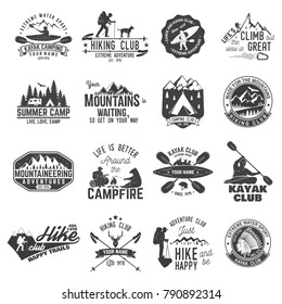 Set of canoe, kayak, hiking and camping club badge. Vector illustration. Concept for shirt, print, stamp or tee. Vintage typography design with mountain camp and kayaker silhouette. Extreme adventure.