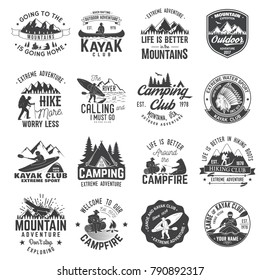 Set of canoe, kayak, hiking and camping club badge. Vector illustration. Concept for shirt, print, stamp or tee. Vintage typography design with mountain camp and kayaker silhouette. Extreme adventure.