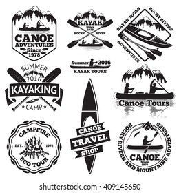 Set of canoe and kayak labels. Two man in a canoe boat, man in a kayak, boats and oars, mountains, campfire, forest, canoe tours, kayaking, canoe travel shop. Vector