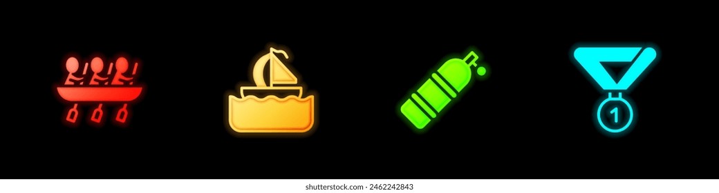 Set Canoe rowing team sports, Yacht sailboat, Aqualung and Medal icon. Vector