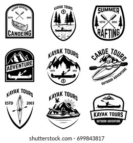 Set of canoeing badges isolated on white background. kayaking, canoe tours. Design elements for logo, label, emblem, sign. Vector illustration