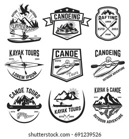 Set of canoeing and kayaking tours emblems. Rafting. Outdoor open water sport. Vector illustration