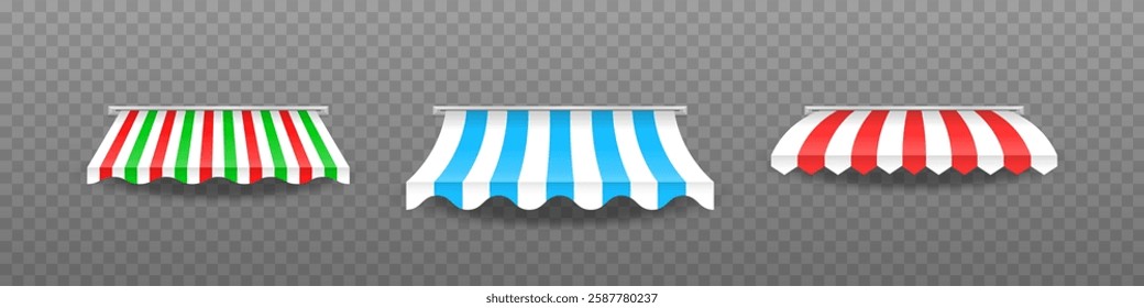 Set of canopies from the sun. Marketplace tent roofs canopy. Striped colorful awnings for shop, hotels, cafes and street restaurants.