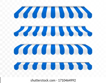 Set of Canopy Awning  of Different Shapes with Shadows for Poster, Banner, Advertising. Realistic blue and white Tent sun shade for market. Roof canopy for shops, striped cafe awning