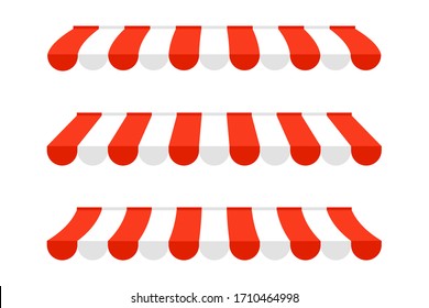 Set of Canopy Awning  of Different Shapes with Shadows for Poster, Banner, Advertising. Realistic Red and white Tent sun shade for market. Roof canopy for shops, striped cafe awning