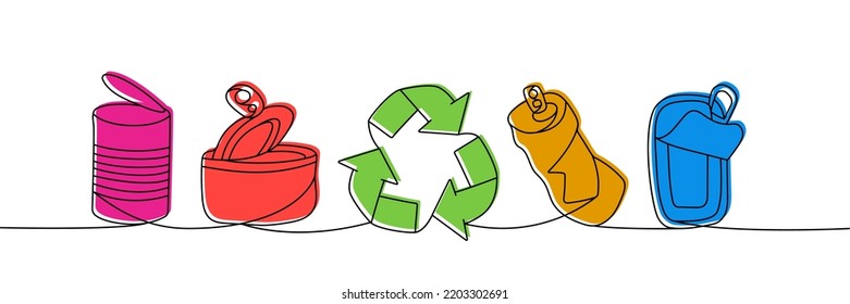 Set of Cans one line colored continuous drawing. Aluminium waste, tin can continuous one line colorful set illustration. Vector linear illustration.