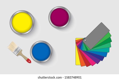 Set of cans of paint, top view. Suggested color swatches.