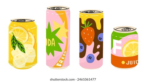 A set of cans with soda and lemonade. Non-alcoholic party with energetic refreshing drinks. Birthday celebration. Vector illustration isolated on transparent background.