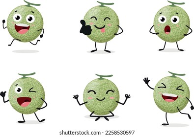 Set of Cantaloupe melon cartoon character with different expressions isolated on white background