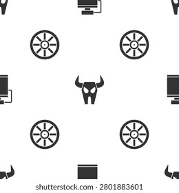 Set Canteen water bottle, Buffalo skull and Old wooden wheel on seamless pattern. Vector