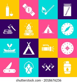 Ponga botellas de agua de Canteen, brújula, fósforo de quema con fuego, fuego, hacha y madera de madera, contenedor de Thermos e icono de la bandera de la tienda de turismo. Vector