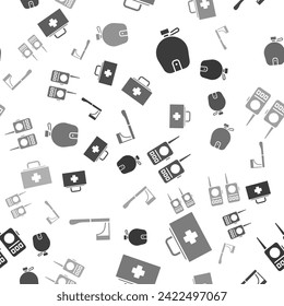 Set Canteen water bottle, First aid kit, Walkie talkie and Wooden axe on seamless pattern. Vector