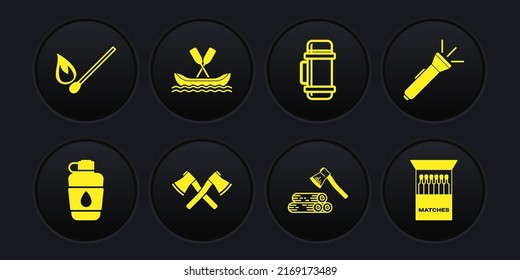Set Canteen water bottle, Flashlight, Crossed wooden axe, Wooden and, Thermos container, Rafting boat, Open matchbox matches and Burning with fire icon. Vector