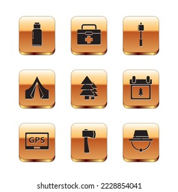 Set Canteen water bottle, Gps device with map, Wooden axe, Tree, Tourist tent, Marshmallow on stick, Camping hat and First aid kit icon. Vector