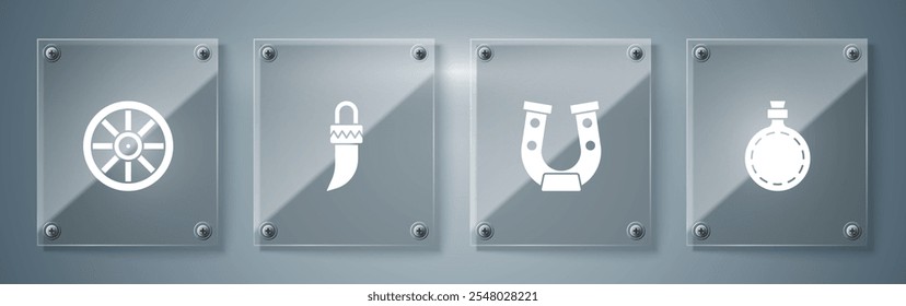 Set Canteen water bottle, Horseshoe, Tooth and Old wooden wheel. Square glass panels. Vector