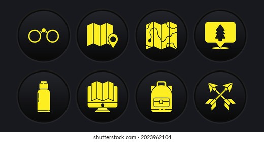 Set Canteen water bottle, Location of the forest, in monitor, Hiking backpack, map, Crossed arrows and Binoculars icon. Vector