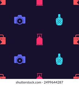 Set Canteen water bottle, Photo camera, Camping gas stove and First aid kit on seamless pattern. Vector