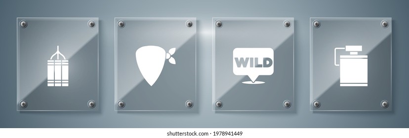Set Canteen water bottle, Pointer to wild west, Cowboy bandana and Dynamite bomb. Square glass panels. Vector