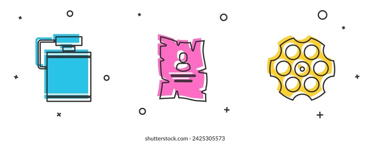 Set Canteen water bottle, Wanted western poster and Revolver cylinder icon. Vector