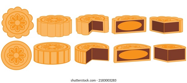 Set of Cantonese mooncake.Happy Mid Autumn.Moon festival.Flower on cake.Food for Chinese New Year.Sign, symbol, icon or logo isolated.Flat design.Clipart.Cartoon vector illustration.Graphic.