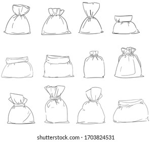 Set Canvas Bag Vector. Burlap Sack Isolated White Background. Illustration