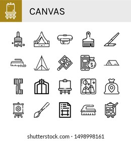 Set of canvas icons such as Canvas, Paint brush, Tent, Belt pouch, Brush, Drawing board, Money bag, Brushes, Easel, Painting, Artboard , canvas