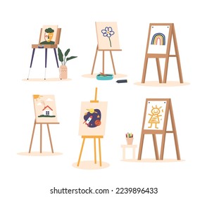 Set of Canvas on Easels with Kids Drawing Flower, Space, Rainbow, House, Portrait and Human Isolated on White Background. Art Studio, School or Workshop Equipment. Cartoon Vector Illustration