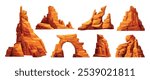 Set of canyon rock formations, including cliffs and arches. Vector cartoon illustration