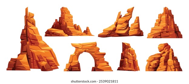 Set of canyon rock formations, including cliffs and arches. Vector cartoon illustration