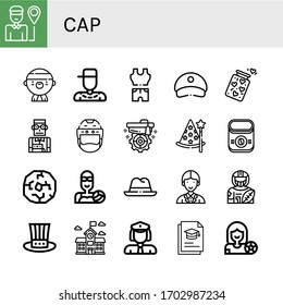 Set of cap icons. Such as Delivery man, Gangsta, Rapper, Clothes, Cap, Jar, Student, Helmet, Mortarboard, Wizard, Instant coffee, Wheel, Water polo, Hat, Officer, American football player , cap icons