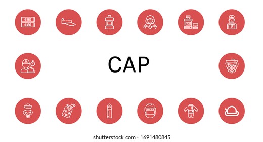Set of cap icons. Such as Instant coffee, Visor, Mouthwash, Wizard, Policeman, Hat, Jar, Deodorant, Helmet, Clothes, Delivery man, Mortarboard , cap icons